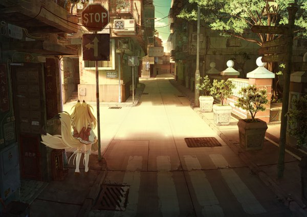 Anime picture 3507x2480 with original shiro dai kitsune single long hair highres blonde hair animal ears absurdres sky tail traditional clothes japanese clothes animal tail from behind shadow fox ears city fox tail fox girl miko