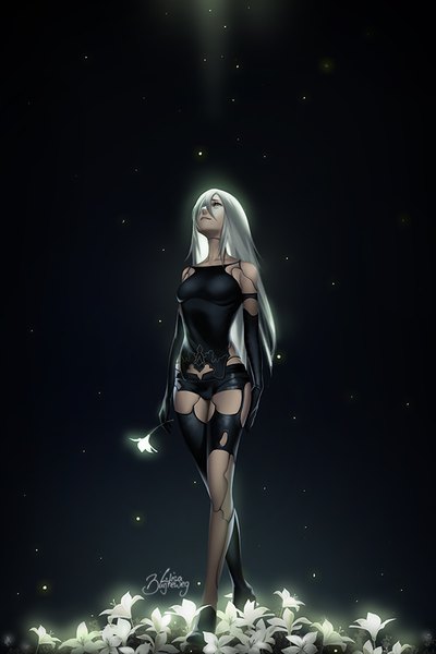 Anime picture 600x900 with nier nier:automata yorha type a no. 2 zolaida (artist) single long hair tall image fringe simple background smile bare shoulders holding signed white hair hair over one eye realistic mole grey eyes glowing black background