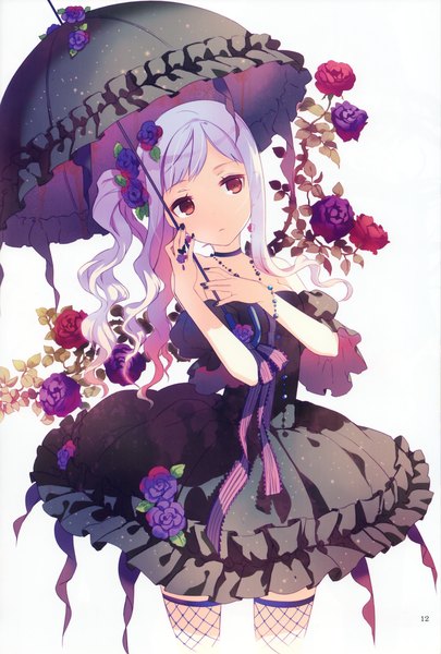 Anime picture 2045x3025 with h2so4 single long hair tall image highres simple background red eyes white background bare shoulders purple hair ponytail hair flower scan side ponytail girl thighhighs dress hair ornament flower (flowers) choker
