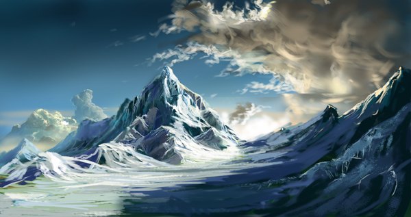 Anime picture 1890x1000 with rome (pixiv) highres wide image sky cloud (clouds) snow mountain no people landscape
