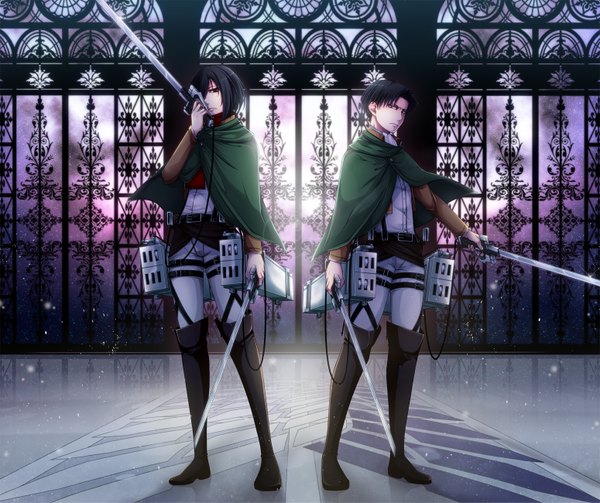 Anime picture 1550x1300 with shingeki no kyojin production i.g mikasa ackerman levi (rivaille) setura looking at viewer fringe short hair black hair standing holding reflection serious dual wielding glow girl boy uniform weapon boots