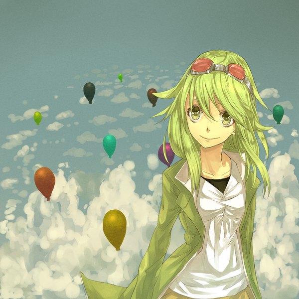 Anime picture 1700x1700 with vocaloid gumi tomaeda (bravered) single long hair green eyes sky cloud (clouds) green hair light smile girl glasses balloon
