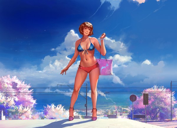 Anime picture 1600x1159 with original agnidevi (artist) single short hair open mouth brown hair standing brown eyes sky cloud (clouds) legs cherry blossoms city girl navel swimsuit plant (plants) bikini tree (trees) shoes