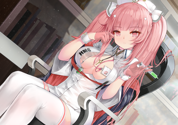 Anime picture 2047x1447 with azur lane perseus (azur lane) perseus (nursery service time) (azur lane) rin2008 single long hair looking at viewer blush fringe highres breasts light erotic large breasts sitting twintails holding pink hair indoors blunt bangs head tilt