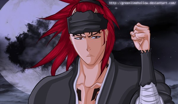 Anime picture 1024x601 with bleach studio pierrot abarai renji greenlimehollow single long hair wide image brown eyes cloud (clouds) red hair japanese clothes tattoo night sky coloring boy kimono star (stars) full moon bandana fist