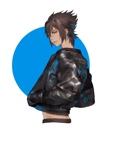 Anime picture 807x1000 with final fantasy final fantasy xv square enix noctis lucis caelum 111111111 (leiyao) single tall image looking at viewer fringe short hair black hair hair between eyes white background upper body hands in pockets spiked hair boy jacket sukajan