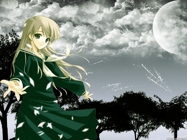 Anime picture 1024x768 with long hair looking at viewer blonde hair green eyes cloud (clouds) grey background wallpaper girl dress uniform plant (plants) school uniform petals tree (trees) leaf (leaves) moon star (stars)