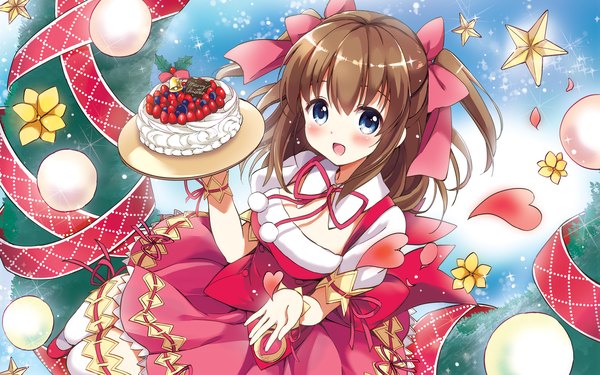 Anime picture 1920x1200 with berry's houkou yuuka tsukako single long hair looking at viewer blush highres open mouth blue eyes brown hair christmas girl thighhighs dress bow hair bow white thighhighs sweets cake