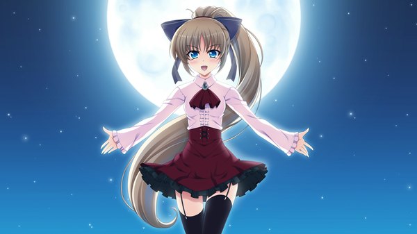 Anime picture 1280x720 with atled everlasting song long hair blush open mouth blue eyes brown hair wide image game cg ponytail girl thighhighs dress bow black thighhighs hair bow moon
