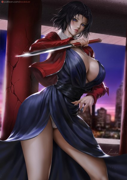 Anime picture 2400x3395 with kara no kyoukai type-moon ryougi shiki lexaiduer single tall image looking at viewer blush highres short hair breasts blue eyes light erotic black hair large breasts standing holding signed outdoors parted lips