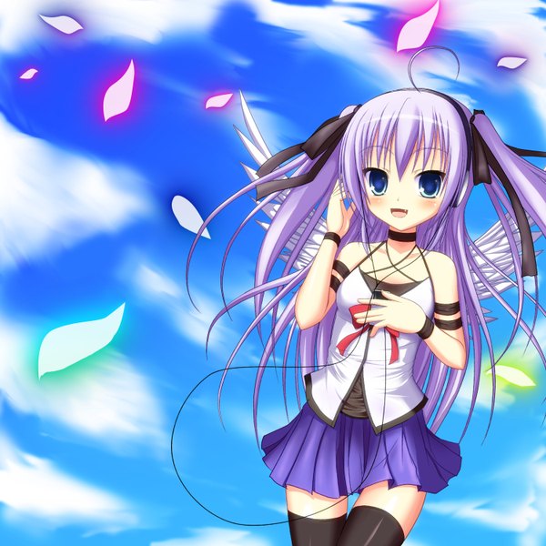 Anime picture 1500x1500 with nyarumi long hair open mouth blue eyes purple hair ahoge girl thighhighs miniskirt petals wings headphones wire (wires)