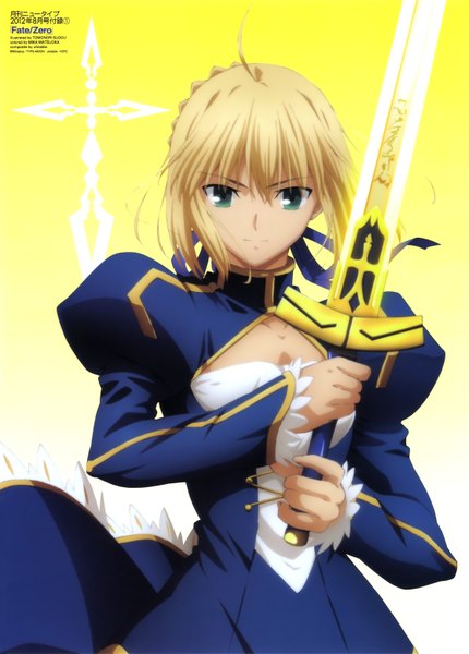 Anime picture 2229x3107 with fate (series) fate/stay night fate/zero studio deen type-moon artoria pendragon (all) saber sudou tomonori tall image looking at viewer highres short hair blonde hair green eyes girl dress ribbon (ribbons) weapon hair ribbon sword