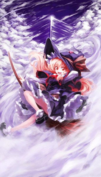 Anime picture 1000x1747 with touhou kirisame marisa iseki (kuroshura no tabiji) single long hair tall image looking at viewer open mouth sky cloud (clouds) orange hair orange eyes flying witch girl dress socks white socks witch hat broom