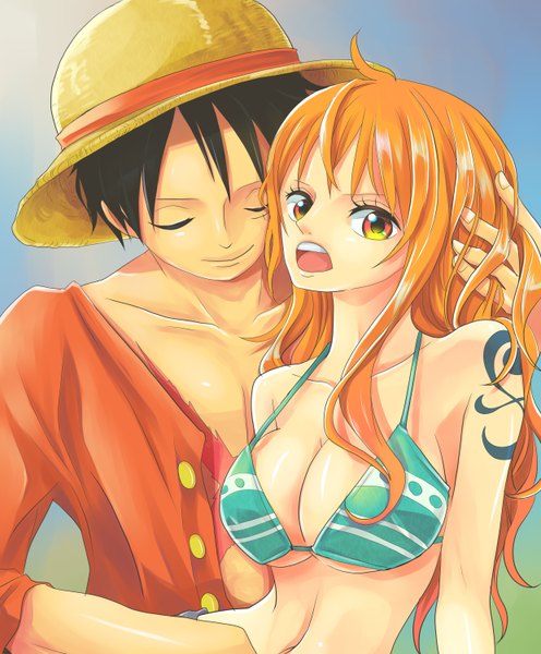 Anime picture 2480x3000 with one piece toei animation nami (one piece) monkey d. luffy himerinco (artist) long hair tall image highres breasts open mouth light erotic large breasts eyes closed light smile orange hair open clothes midriff orange eyes tattoo open shirt