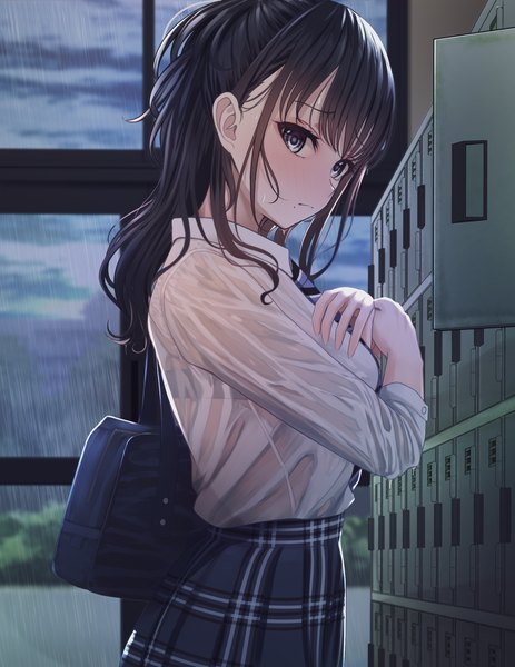 Anime picture 1629x2111 with original turisasu single long hair tall image looking at viewer blush fringe light erotic black hair standing sky upper body indoors blunt bangs mole wet grey eyes embarrassed hand on chest
