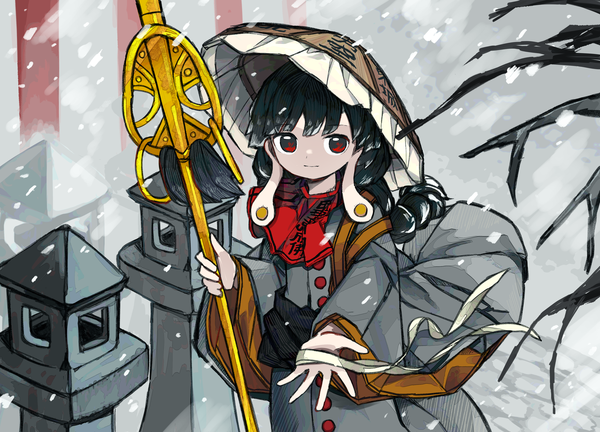 Anime picture 4054x2917 with touhou yatadera narumi neruzou single long hair looking at viewer highres black hair red eyes absurdres outdoors from above snowing outstretched hand girl hat bandage (bandages) staff habit ajirogasa