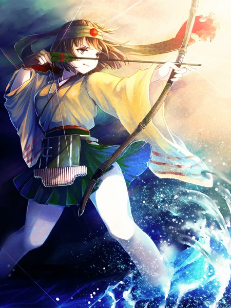 Anime picture 800x1067 with kantai collection hiryuu aircraft carrier awa toka single tall image short hair brown hair brown eyes looking away traditional clothes girl skirt weapon water bow (weapon)