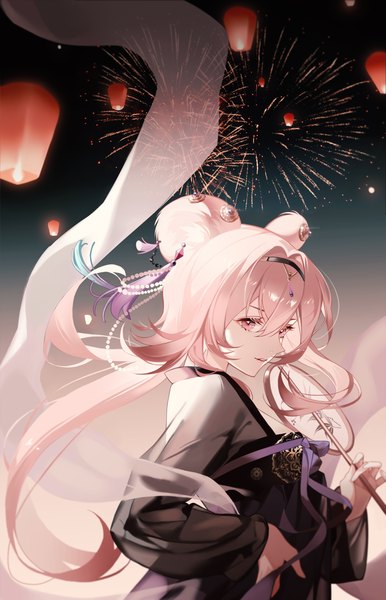 Anime picture 3307x5145 with arknights lin yuhsia (arknights) zoe (user nfrc5473) single long hair tall image fringe highres hair between eyes animal ears pink hair absurdres upper body traditional clothes pink eyes hand on hip chinese clothes fireworks mouse ears chinese new year