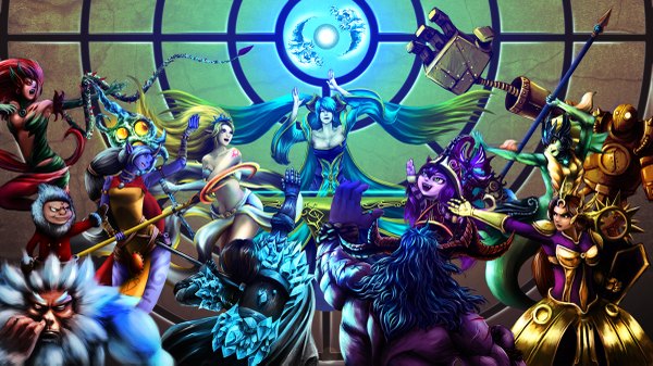 Anime picture 1200x675 with league of legends sona buvelle lulu (league of legends) janna windforce soraka (league of legends) leona (league of legends) zyra (league of legends) blitzcrank (league of legends) nami (league of legends) alistar (league of legends) taric (league of legends) nunu (league of legends) za-leep-per long hair short hair breasts open mouth blue eyes blonde hair red eyes