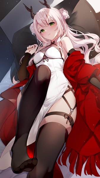 Anime picture 1200x2133 with original bison cangshu single long hair tall image looking at viewer blush fringe breasts light erotic hair between eyes green eyes bent knee (knees) white hair lying traditional clothes parted lips horn (horns) on back hair bun (hair buns)