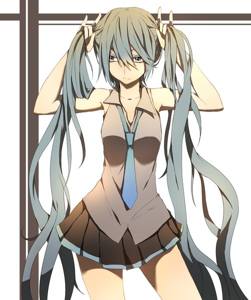 Anime picture 1280x1533 with vocaloid hatsune miku ri-rihoo single tall image blush twintails bare shoulders looking away very long hair aqua hair silver eyes girl skirt shirt necktie