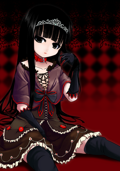 Аниме картинка 1754x2480 с оригинальное изображение aya huya один (одна) длинные волосы высокое изображение высокое разрешение чёрные волосы чёрные глаза девушка чулки платье перчатки чулки (чёрные) высокие перчатки ошейник тиара
