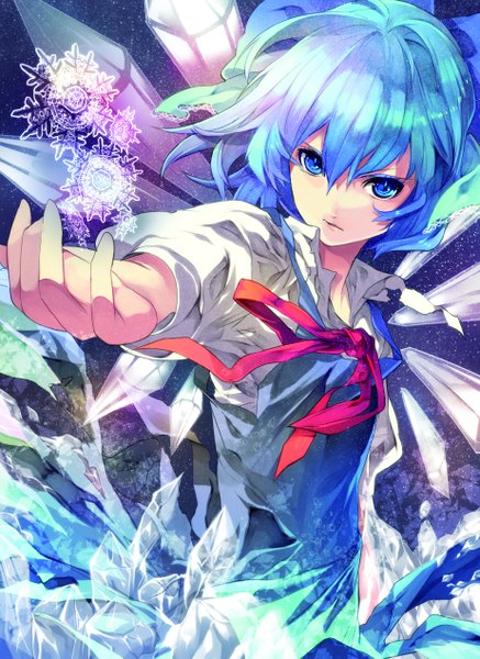 Anime picture 923x1267 with touhou cirno tsukimoto aoi single tall image short hair blue eyes blue hair traditional clothes girl bow hair bow snowflake (snowflakes) large bow ice