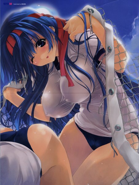 Anime picture 2645x3510 with miwa yoshikazu tall image highres blue eyes light erotic blue hair scan covered nipples crease fixme girl uniform gym uniform buruma