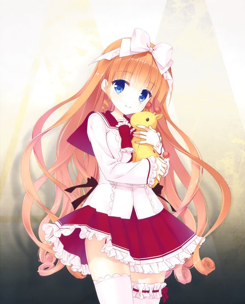 Anime picture 1633x2026 with hidan no aria shima kirin kobuichi single long hair tall image looking at viewer breasts blue eyes smile standing head tilt pleated skirt scan orange hair hug girl thighhighs skirt uniform