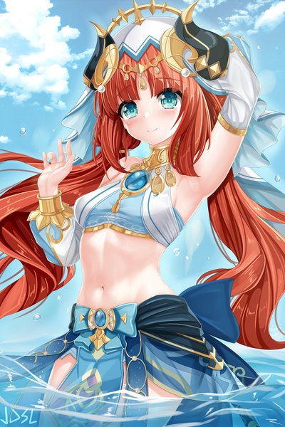 Anime picture 2400x3600 with genshin impact nilou (genshin impact) jdsl single long hair tall image looking at viewer blush fringe highres breasts light erotic smile standing twintails signed sky cloud (clouds) outdoors red hair