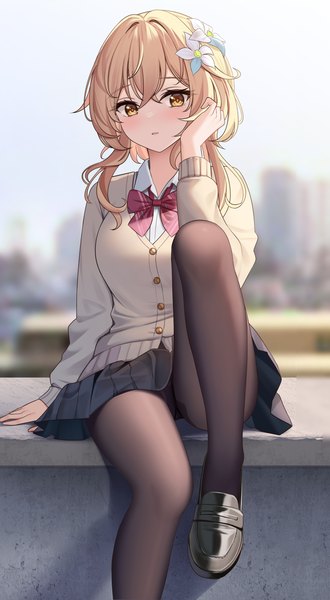 Anime picture 1979x3594 with genshin impact lumine (genshin impact) icwine single long hair tall image looking at viewer blush fringe highres open mouth light erotic blonde hair hair between eyes sitting signed yellow eyes bent knee (knees) outdoors long sleeves