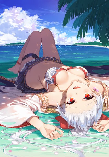 Anime picture 1696x2441 with fate (series) fate/grand order tomoe gozen (fate) tsukino (nakajimaseiki) single long hair tall image looking at viewer blush breasts open mouth light erotic smile red eyes sky cleavage cloud (clouds) outdoors white hair ponytail