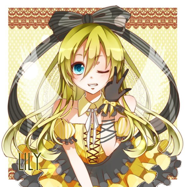 Anime picture 1500x1500 with vocaloid lily (vocaloid) nou single long hair looking at viewer blush fringe blue eyes blonde hair smile hair between eyes bare shoulders one eye closed character names border angel wings polka dot outside border polka dot background