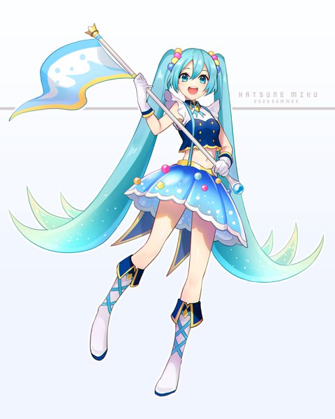 Anime picture 2400x3000 with vocaloid hatsune miku mamo (fortune-mm) single tall image fringe highres open mouth hair between eyes twintails full body very long hair :d aqua eyes aqua hair midriff character names girl gloves white gloves