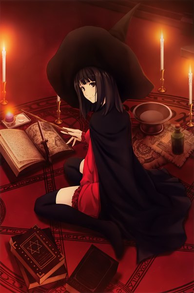 Anime picture 2655x4000 with caucasus nanatsuki venio sugina miki single tall image highres short hair smile brown hair sitting brown eyes indoors looking back scan official art zettai ryouiki magic wariza witch girl