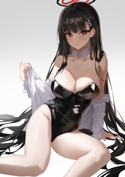 Anime picture 2939x4150 with blue archive rio (blue archive) hido88 single long hair tall image looking at viewer blush fringe highres breasts light erotic black hair simple background red eyes large breasts white background sitting signed blunt bangs