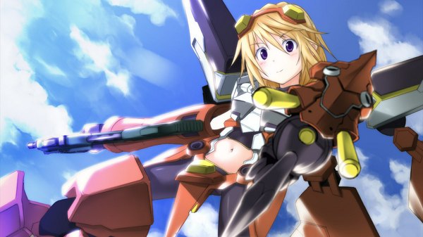 Anime picture 1920x1080 with infinite stratos 8bit charles dunois single blush highres short hair blonde hair wide image purple eyes sky cloud (clouds) light smile mecha musume girl navel weapon mecha