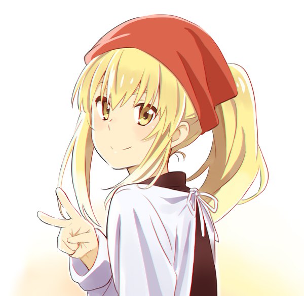 Anime picture 1200x1167 with hinamatsuri feel (studio) anzu (hinamatsuri) yamaguchi satoshi single long hair looking at viewer simple background blonde hair smile white background yellow eyes payot upper body ponytail looking back victory girl apron headscarf