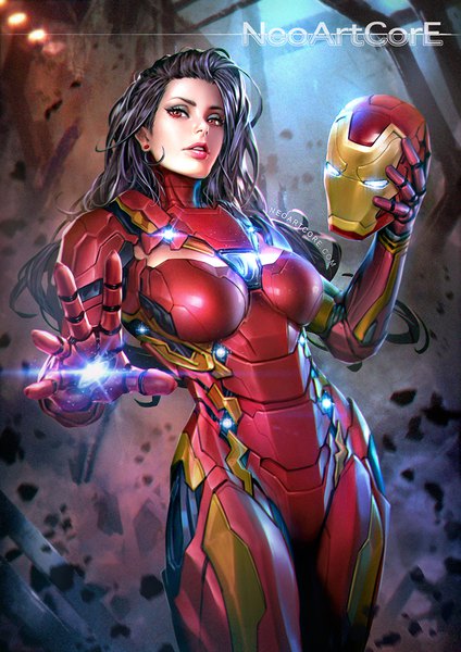 Anime picture 800x1132 with marvel comics iron man (character) nudtawut thongmai single long hair tall image looking at viewer black hair red eyes holding signed parted lips lips realistic watermark eyeshadow glow genderswap superhero girl