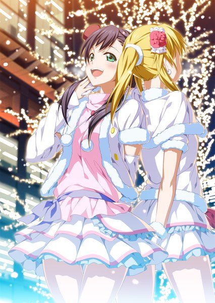 Anime picture 838x1181 with love live! school idol project sunrise (studio) love live! toujou nozomi ayase eli 2c=galore long hair tall image blush open mouth black hair blonde hair smile twintails multiple girls green eyes ponytail fur trim holding hands back to back