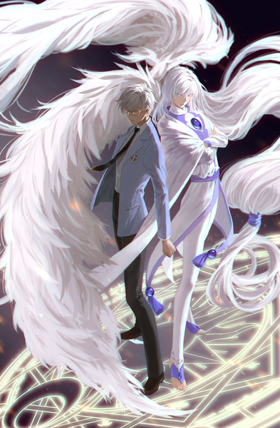 Anime picture 1500x2286 with card captor sakura clamp yue (cardcaptor sakura) tsukishiro yukito zid jido tall image short hair blue eyes standing white hair very long hair wind grey hair multiple boys orange eyes magic low ponytail crossed arms angel wings back to back