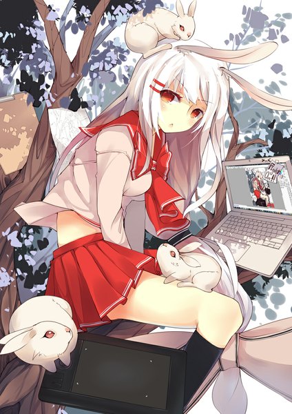 Anime picture 744x1052 with original moe2013 rain lan single tall image looking at viewer blush red eyes animal ears very long hair bunny ears :< animal on head recursion girl hair ornament bow plant (plants) hair bow animal