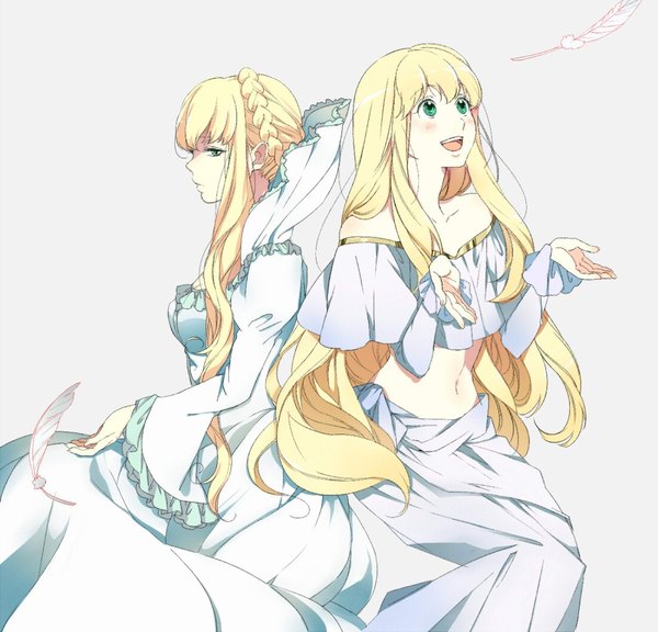 Anime picture 1100x1056 with aldnoah.zero a-1 pictures asseylum vers allusia amy26 long hair looking at viewer blush fringe breasts open mouth simple background blonde hair smile hair between eyes sitting bare shoulders multiple girls green eyes payot looking away