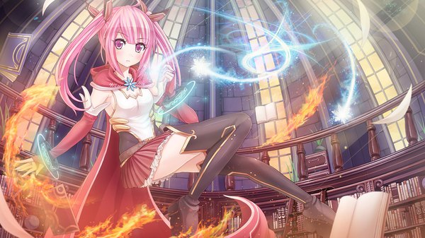 Anime picture 1920x1080 with crystalline amelia estelle sunimu single long hair blush fringe highres breasts wide image twintails looking away pink hair cleavage ahoge bent knee (knees) indoors blunt bangs pink eyes wallpaper