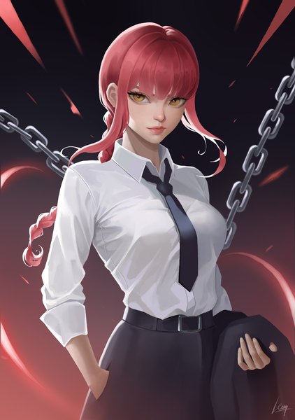 Anime-Bild 2094x2979 mit chainsaw man mappa makima (chainsaw man) kouq98 single long hair tall image looking at viewer fringe highres standing yellow eyes payot red hair blunt bangs braid (braids) lips single braid hand in pocket girl