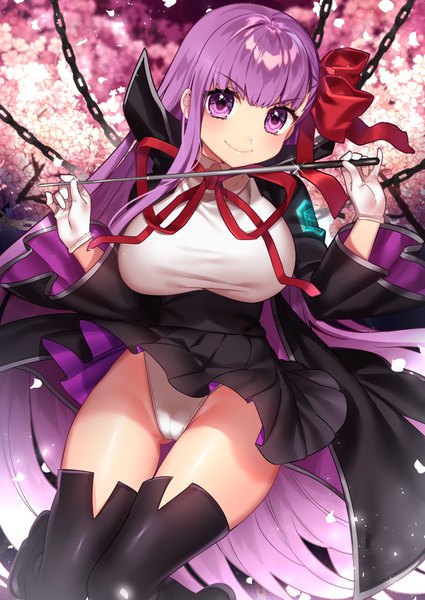 Anime picture 1134x1600 with fate (series) fate/extra fate/extra ccc bb (fate) (all) bb (fate/extra) sakura yuki (clochette) single tall image looking at viewer blush fringe breasts light erotic smile large breasts purple eyes holding purple hair bent knee (knees) very long hair