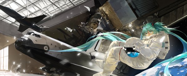 Anime picture 3400x1387 with vocaloid hatsune miku saberiii single looking at viewer highres wide image very long hair aqua eyes aqua hair space girl helmet spacesuit