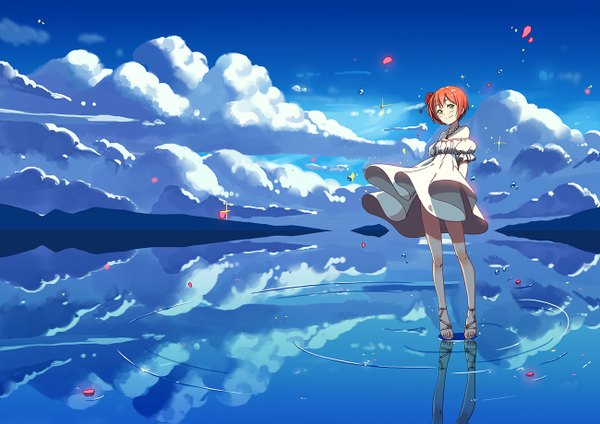 Anime picture 1300x919 with love live! school idol project sunrise (studio) love live! hoshizora rin zhanzheng zi single looking at viewer fringe short hair smile standing bare shoulders green eyes sky cloud (clouds) wind orange hair reflection hands behind back mountain