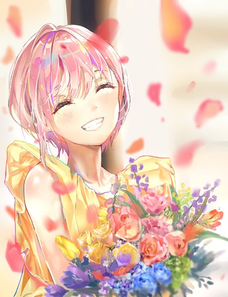 Anime picture 1000x1300 with go-toubun no hanayome nakano ichika 0364p single tall image blush fringe short hair smile hair between eyes bare shoulders holding pink hair upper body eyes closed head tilt grin ^ ^ girl flower (flowers)