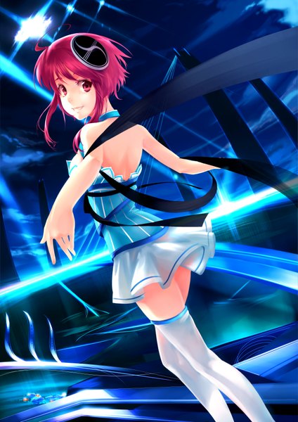Anime picture 2480x3507 with fate (series) fate/zero type-moon tagme (character) samanta single tall image looking at viewer blush highres short hair smile bare shoulders pink hair cleavage pink eyes looking back teeth turning head spread arms